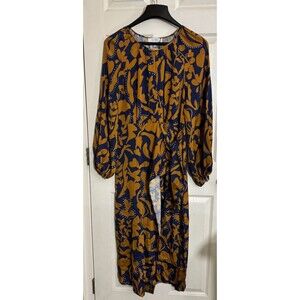 NWT La Ligne Imogen Dress Silk Long Sleeve Navy Cognac Leaf Pattern Size XL